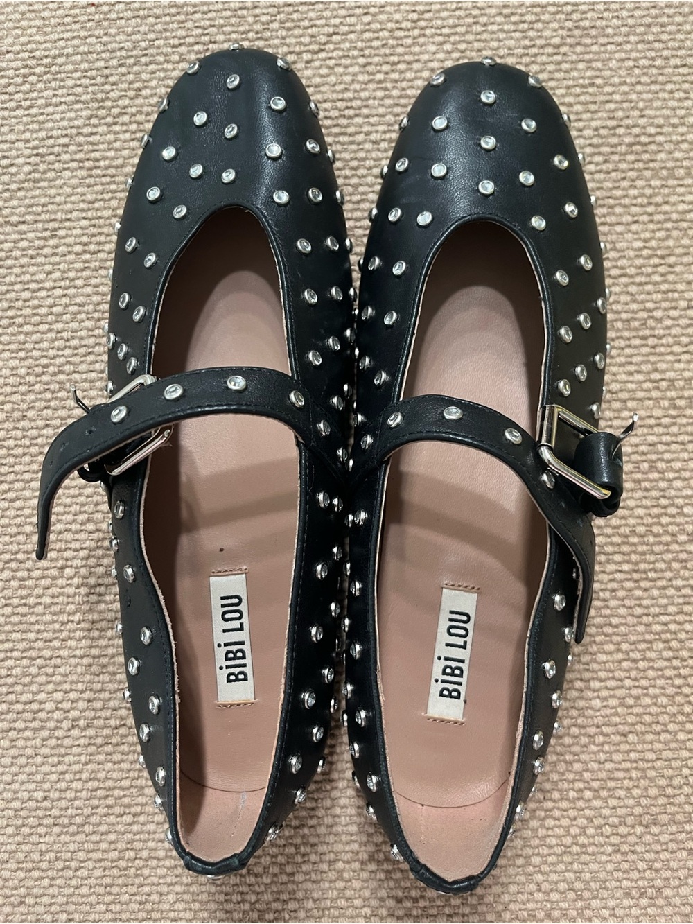 Anthropologie Bibi Lou Black Studded Buckle Mary Jane Flats US 7.5 EU 38 New